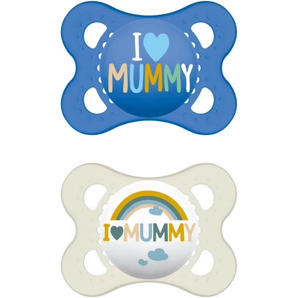 MAM Schnuller Original Aus Silikon I Love Mummy 0 - 6 Monate , Blau/beige