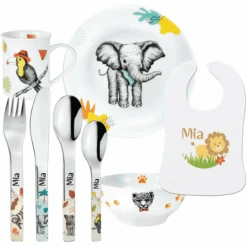 Schnullireich Geschenkset Mit Namen Natura: Puresigns Kinderbesteck + Geschirr + Lätzchen Silber