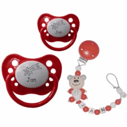 Schnullireich Schnullerkette Mit Namen Häkelbär Rot + Schnuller Stern Rot